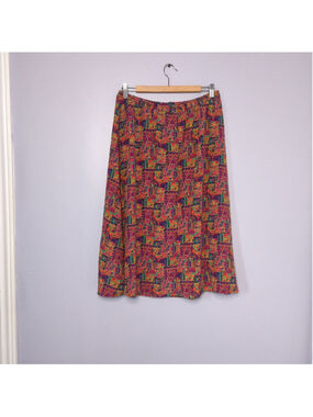 Vintage 80s/90s Geometric Psychedelic Midi Skirt Sz M Polyester Pink